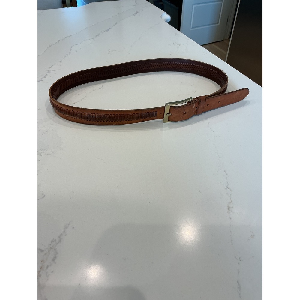 Vintage Brown genuine leather Whipstitch Belt Size 34 Gold Tone Buckle Western